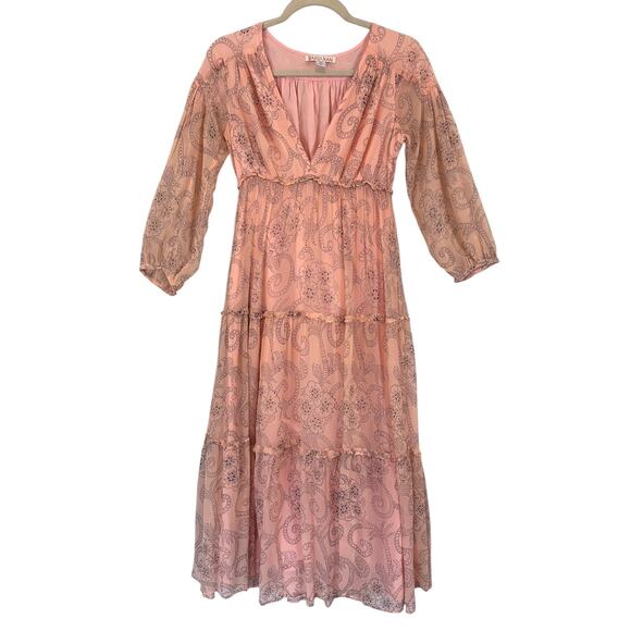 Banjanan Peach Paisley Boho Maxi Dress Sheer Tiered Lined Viscose S Cottagecore - Picture 1 of 14